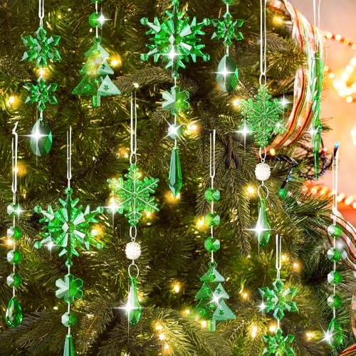 Lanpn 26 Stück Weihnachten Dekoration Kristall Christbaumschmuck Anhänger, Acryl Schneeflocken Eiszapfen hängende Ornamente, Weihnachtsbaumanhänger Weihnachten Party Hochzeit Neujahr Deko Grün