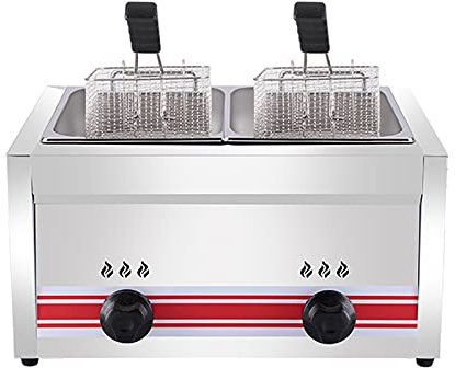 Freidora a gas de gran capacidad de 10/20/30 l, freidora de acero inoxidable a GLP para uso doméstico y comercial, potencia de fuego ajustable, con cestas y tapas, para patatas fritas, donas y pescado