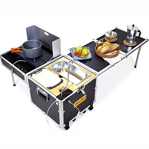 SGKOMN Tavolo Pieghevole da Campeggio per Cucina | Stazione da Cucina Portatile per Esterni in Alluminio | con Parabrezza, lavello, tavolino Pieghevole