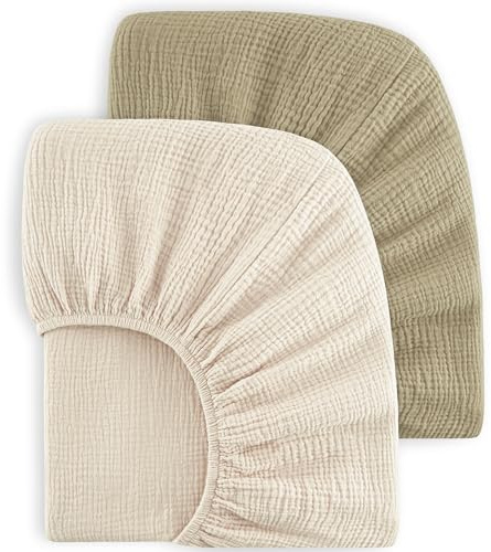 bearmoss Lot de 2 draps-Housses en Mousseline de Coton pour Enfant 60 x 120 cm / 70 x 140 cm 100% Coton pour lit de Voyage, lit d'appoint (Vert Olive, 70x140cm)