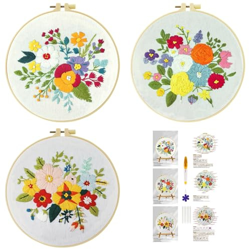 51buyoutgo Stickset für Anfänger - 3 Stück Blume Stickbilder zum Sticken Set Erwachsene, Kreuzstich Stickvorlagen Stickpackungen für Handarbeit & Nadelarbeiten Hobby, Cross Stitch Embroidery Kit