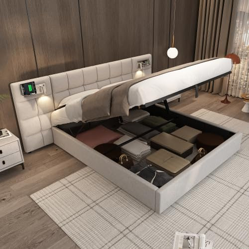 Huayz Polsterbett Doppelbett Bettanlage 180 x 200 cm,Hydraulikbett,Mit USB Port & Wireless Charging & beleuchtete Lampe, Mit Stauraum,Holzlattenunterstützung,Linen