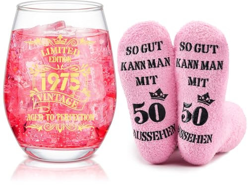 Nuenen Regalos Divertidos para Mujeres por 50 Cumpleaños Incluye Copa de Vino Grabada y Calcetines para 50.º Cumpleaños Regalo de Copas de Vino Tinto y Medias para Mujer Nacida en 1975