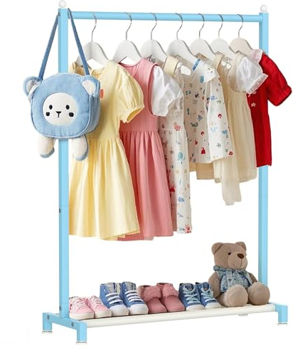 Livilord Perchero de ropa para niños con estante inferior de almacenamiento, perchero de metal para almacenamiento de disfraces de niños, estante independiente para colgar ropa, color azul