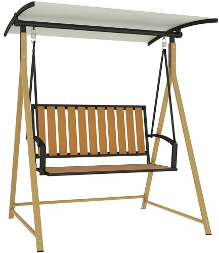 Outsunny Hollywoodschaukel für den Außenbereich, 2-Sitzer, Holzkorn, Gartenschaukel mit verstellbarem Dach und Metallgestell, Belastung 240 kg, 142 x 112 x 162 cm, Natur und Beige