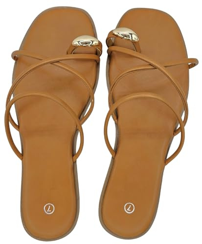 TruFox Damen Slide Sandalen Flache Zehenring Thongs mit Kreuzriemen für Sommer Slip On, Hellbraun, 39 EU