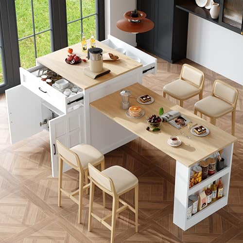 KUAKE Ausziehbarer Bartisch mit Stauraum(133-202×70×93.5cm),mit Zwei Schubladen und Vier Fächern, Kücheninsel Erweiterbar Tisch, für 2-6 Personen, Küchen-Esswagen mit Seitlichen Ablagen (Weiß)