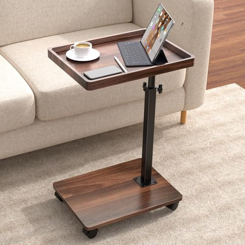 XNSDXV C Shaped Side Table Adjustable Height, 360°Swivel Bedside Tables With Wheels, End Table for Small Spaces, Sofa Side Tables For Living room, Bedroom, Bed,Couch (Walnut Color)