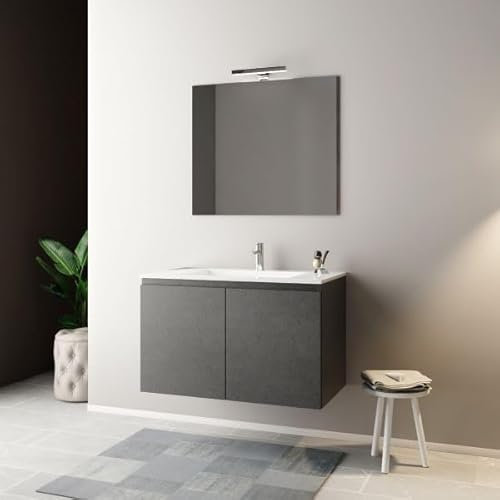 Mobo Mobile bagno sospeso con specchiera e lavabo integrato Modello Daria, Larghezza 90 cm, Illuminazione Led, composizione completa, Cemento