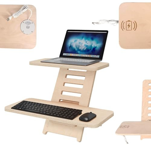 CAWI Support de bureau debout avec chargeur à induction | Bureau debout | Bois | Support pour ordinateur portable avec charge sans fil | Hauteur réglable | Fabriqué en UE (naturel)
