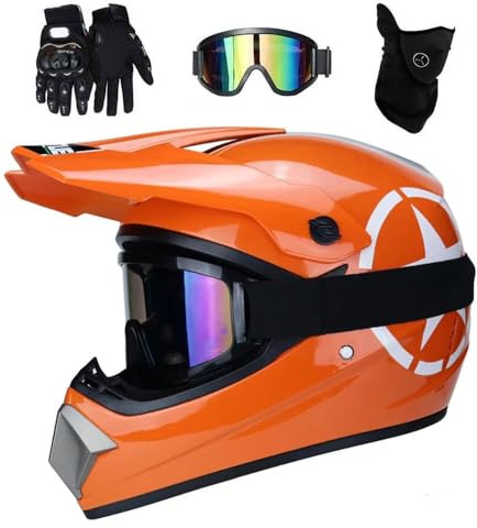 Full-Face MTB Motocross Helmet, with Goggles Gloves Mask, Youth Kids Comfortable Off Road Motorbike ATV Crash Helmets, Dual Sport Downhill Enduro BMX Quad Dirt Bikes Helmet(Orange,L/56-57CM)