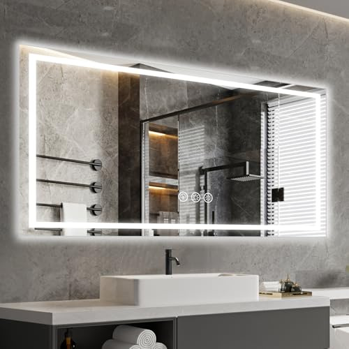 Ratsamee Badspiegel mit Beleuchtung LED, 100x60cm Spiegel mit Light, Wandspiegel mit Frontbeleuchtung, Antibeschlagfunktion, Dimmbar, mit 3 Einstellbaren Lichtfarben
