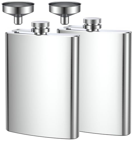 Elalove Set da 2 Fiaschetta Tascabile in Acciaio Inox 8oz con Imbuto Portatile – Piccola Borraccia per Bevande, Liquori, Accessori da Viaggio Uomo e Donna