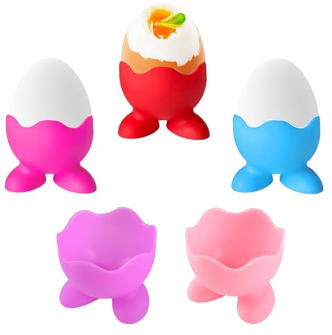 Omnikryp 5 Pezzi Portauovo, Porta Uova Alimentare Silicone, Supporto per Uovo con Piedistallo, Portauova per Colazione, Base Adorabili per Uovo per Casa, Cucina, Ristorante, Lavabili in Lavastoviglie