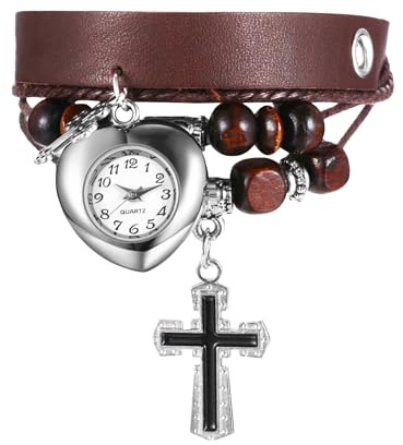 JewelryWe Damenuhr Vintage Lederarmband Uhr: Damen Herz Analog Quarz Armbanduhr Boho-Stil Braun Geflochten Verstellbar Leder Wickelarmband mit Uhr, Holzperlen und Kreuz Anhänger