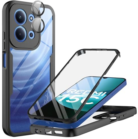 MQERYBV Funda para Xiaomi Redmi 15C 4G/5G, 360 Grados Fullbody Protectores de Cámara Antigolpes con Protector de Pantalla Integrado Vidrio Templado Robusto Completa Carcasa Case, Negro