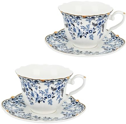 TMZDCJK Elegant Afternoon Tea Set, Ceramic Coffee Mugs and Espresso Cups with Saucers, Set of 2 Blue and White Porcelain China Mugs, Vintage Gilded Design