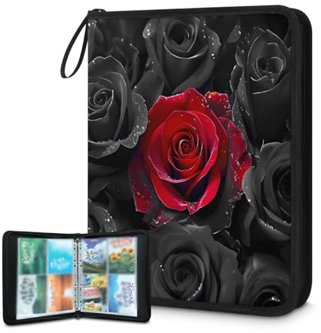 Carpeta para tarjetas coleccionables con 4 bolsillos, rosas negras y rojas, con fundas extraíbles, impermeable, con cremallera, capacidad para 50 páginas y 400 tarjetas