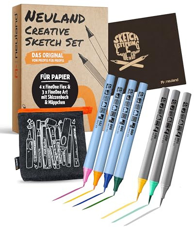 Neuland Creative Sketch Set I 3x FineOne Art 0,5-5 mm & 4x FineOne Flex 0,5-3 mm Marker I Inkl. mySketchbook Notizbuch in Schwarz & Baumwoll-Mäppchen I Ergonomische & nachfüllbare Flipchartmarker