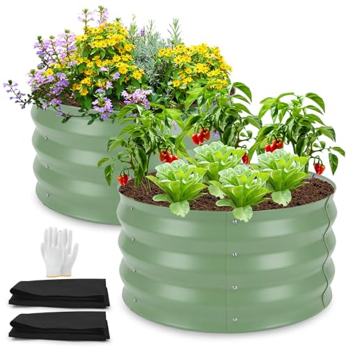 Rundes Hochbeet aus Metall, 2er Set, 60 x 60 x 30 cm, mit Pflanzvlies, Pflanzbeet für Blumen, Kräuter und Gemüse, für Balkon, Terrasse und Garten（Salbeigrün