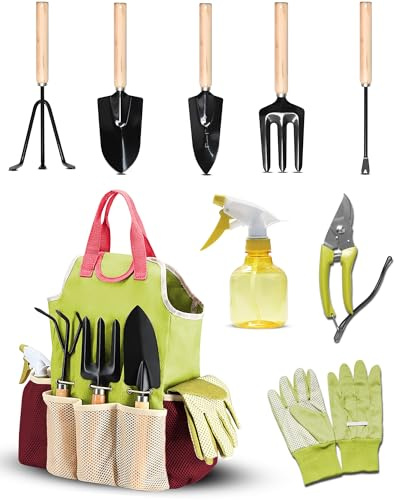 Juego de Herramientas para Jardín 9PC Kit Jardineria，Juego de Herramientas Jardinería de Acero Inoxidable，de Jardín, Tijeras Podar, Pala Jardinería, Guantes, Paleta y Rastrillo de Mano etc