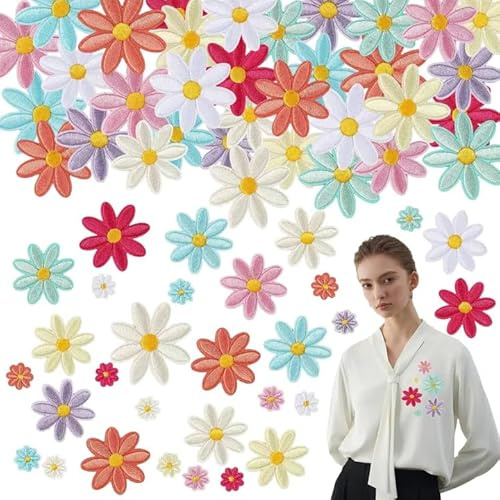 72 Stück Gänseblümchen Patches, Gänseblümchen Flicken Zum Aufbügeln, Erwachsene Blumen Patches zum Aufbügeln, Aufbügeln Aufnäher Patches für DIY Kleidung Jacken Rucksäcke Jeans Patches