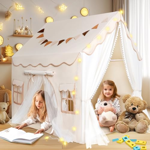 JONRRYIN Tenda per Bambini con 2 Porte, Tenda da Gioco per Bambini Interni Esterni con Sottotenda e 2 Finestre, Cameretta Tenda Letto con Luci e Bandierine, Casetta Tenda per Bambini Regalo