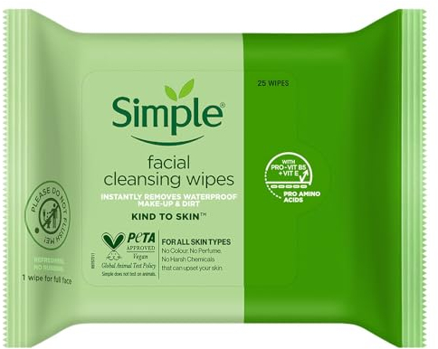 Simple Kind to Skin - Facial Wipes for sensitive skin with Glycerin, Vitamin E,and Vitamin B5 -25 Count (Pack of 6)