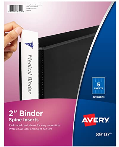 Avery Binder Spine Inserts, for 2 Inch Ring Binders with 2.8 Spine Width, 20 Cardstock View Binder Spine ID Inserts (89107)