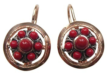 Orange-rote Ohrringe Koralle Klappbügel Sterling-Silber vergoldet Rot-Vergoldung 18 Karat Vintage Retro Frauen Geschenk Barock Handarbeit Italien