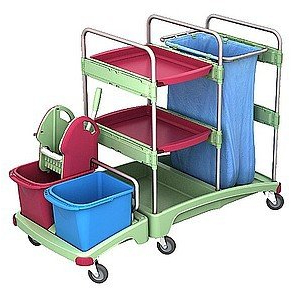 Splast antibakterieller Putzwagen mit Beutelhalter 120l, Moppresse, Eimern, Regal