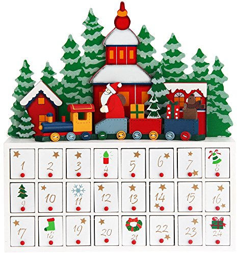 SPIELWERK® Adventskalender Winterlandschaft zum Befüllen wiederverwendbar 24 Türchen Bunt Bemalt Weihnachten Kinder DIY weihnachtliche Holz Dekoration