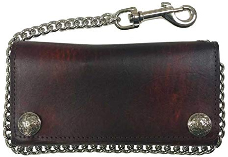 Biker Men's Buffalo Nickel Snap Antique Genuine Leather Chain Wallet, Made in US