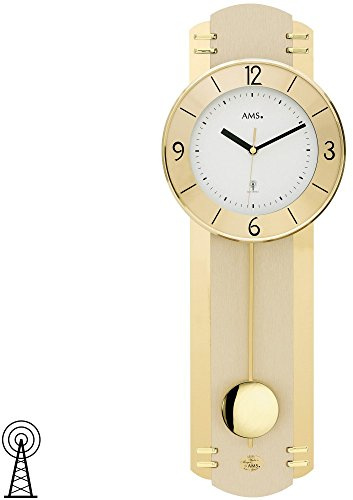 AMS 5293 Wanduhr Funk Funkwanduhr mit Pendel Pendeluhr Messing Farben mit Glas