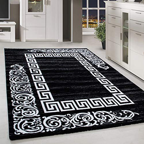 HomebyHome Kurzflor Teppich 200x290 cm, Modern Mäander Design in Schwarz Weiß, Pflegeleicht, ideal für große Wohnzimmer, Essbereiche oder offene Wohnräume