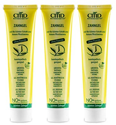 CMD Teebaumöl Zahngel (3x75ml), mit grünem Tee ohne Fluorid, ohne ätherische Öle (Homöopathieverträglich) Bio-Zahnpasta, Vegan, Naturkosmetik für sensible Zähne