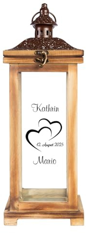 Personalisierte Landhaus Laterne | XL Holzlaterne 42 cm groß | Geschenk zum Hochzeitstag Hochzeitsgeschenk | Geschenkidee Hochzeitstag Mann Frau Großeltern | Gartendeko Gartenlaterne | Herzen - Datum
