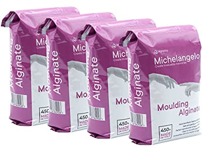 Michelangelo Moulding Alginate 1800g. (4 buste da 450 g.) Alginato cromatico per impronte di alta precisione, perfetto per realizzare calchi delle mani o del corpo. Prodotto in Italia.