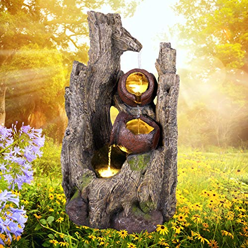 Gartenbrunnen Brunnen Zierbrunnen Zimmerbrunnen Springbrunnen Brunnen WALDSCHATZ mit LED-Licht 230V Wasserfall Wasserspiel für Garten