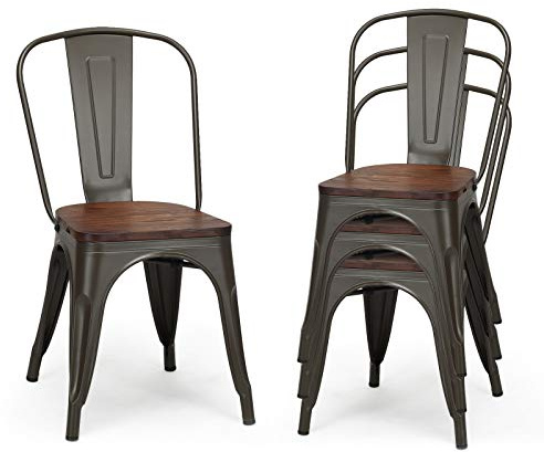 GOPLUS Lot de 4 Chaises en Métal Salle à Manger, Chaises avec Assise de Style Industriel, Vintage en Bois Massif, Tabouret Empilable avec Dossier pour Jardin Balcon (Vintage)