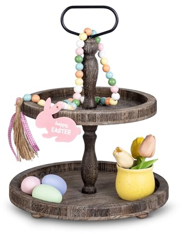 Mustry Rustic Wooden 2 Tiered Tray, Round Farmhouse Kitchen Table Decor Serving Tier Tray, Food Fruits Cupcake Display Coffee Bar Home Party Seasonal Decorations (Brown)