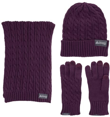 Jeep Unisex 3 Piece Cable Kint Scarf, Hat and Glove Set, Purple, One Size Fits Most
