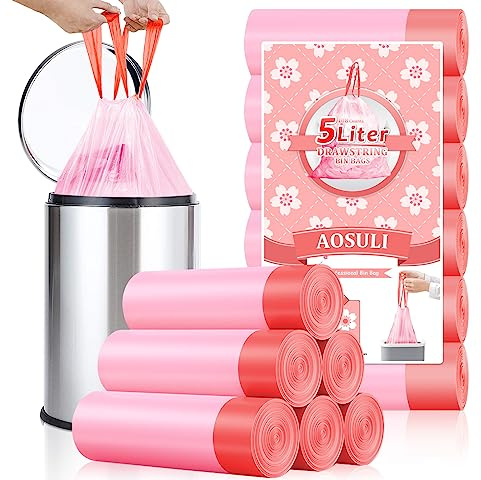 AOSULI Tretmüllbeutel mit Kordelzuggriffen, 108 Stück, Mini-Kunststoff-Müllbeutel, 5 l, kleine Papier-Müllbeutel für Badezimmer, WC, Büro, Küche, 3 l - 6 l Mülleimer, Rosa