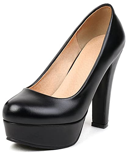 Décolleté con Tacco Largo da Donna, Pompe al Tallone Alto Punta Rotonda Senza Chiusura Scarpe da Festa con Plateau Semplici Wkqcxs Nero Numero 37 EU