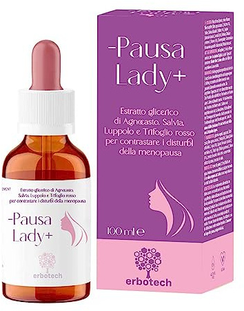 ERBOTECH, Tintura Madre Mix -Pausa Lady+, Analcolica, in Gocce da Diluire, Combatte i Disturbi da Menopausa, con Agnocasto, Salvia, Luppolo e Trifoglio Rosso, Vegan, non OGM, Made in Italy, 100ml