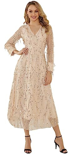 Jamron Damen Umkehrbar Elegant V-Ausschnitt Pailletten Quaste Tüllkleid Lange Abendkleid Hochzeitskleid