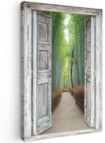 MuchoWow© Leinwand Bilder Wanddeko Wohnzimmer Aesthetic Room Decor Deko | 60x90 cm - Zimmer Wandbilder Modern Fotogeschenke Bambus - Japan - Fensterblick - Wald