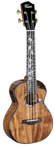 Konzert Ukulele Koa-Holz mit Tonabnehmer, Cutaway, Mahagonihals, 19 Bünde, Abalone Bindings, Flower Inlays, Hochglanz-Finish, inklusive Gigbag – geeignet für Bühne und Studio