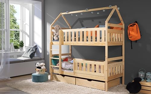 KEF Noah Etagenbett 160x80 cm - Hausbett aus Massivholz für zwei Kinder - Mit Schubladen und Lattenrost - Inklusive Matratze - Kiefer - Leiter rechts