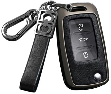 ontto Autoschlüssel Hülle Etui Passt für VW Bora Polo Tiguan Jetta Passat Golf Beetle für Skoda Octavia Fabia Fernbedienung Metall PU Leder Schlüsselhülle Schlüsselanhänger 3 Tasten-Schwarz